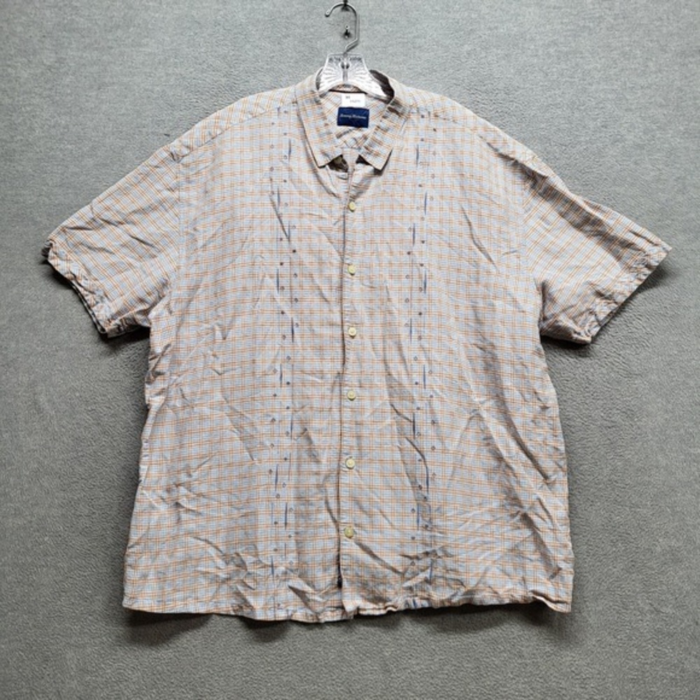 Tommy Bahama Men Button Up Shirt 2XL Plaid‎ Linen Silk Short Sleeve
